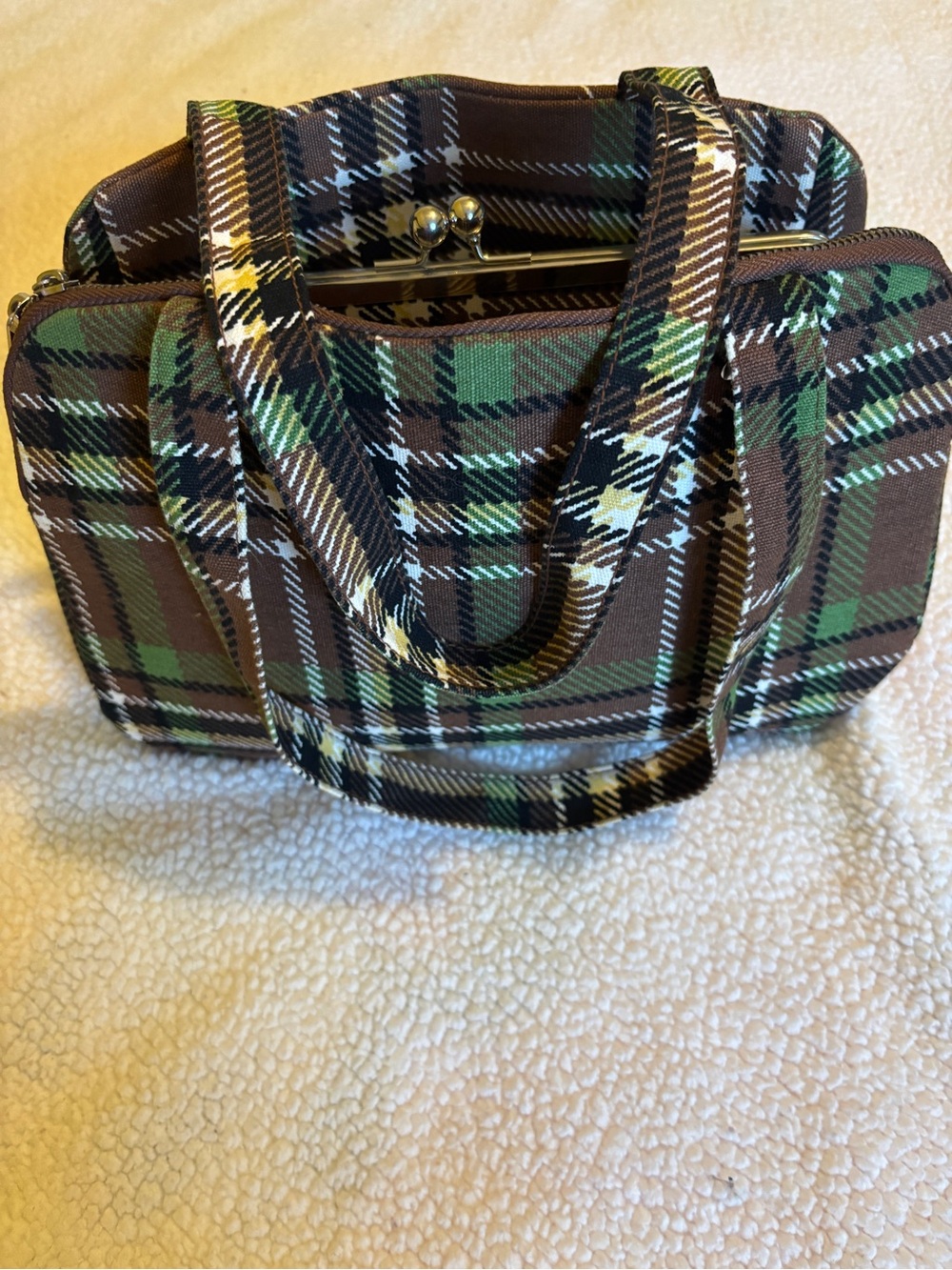 H&M Green Brown Plaid Satchel with Gold-Tone Kiss Lock